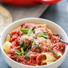 Baked Turkey Parmesan Meatballs with Rigatoni and Chunky Tomato Basil 