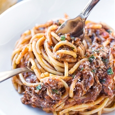 Spaghetti in Rich Braised Beef and Porcini Mushroom Ragù