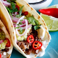 Slow-braised Short Rib Tacos with “quick-pickled” red onion